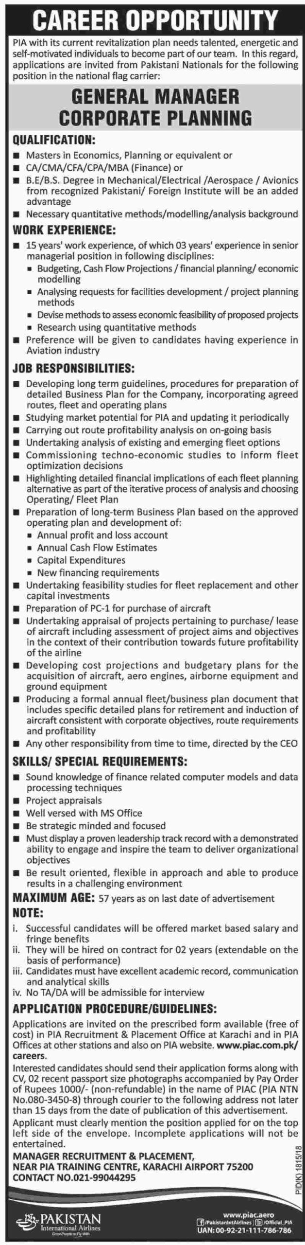 Pakistan International Airlines PIA Jobs 2024 General Manager Advertisement