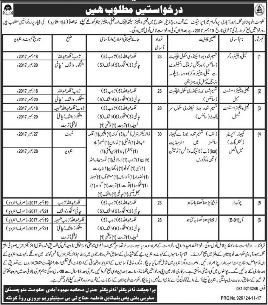 Population Welfare Department Balochistan Jobs 2024 Written Test, Interview, Application Form: Government of Balochistan announced many jobs. Seekers today Balochistan government announced jobs in population Welfare Department jobs 2024. Government of Balochistan Population Welfare Department jobs 2024 is recruitment on Population Welfare department phase I Project. Population Welfare Department is a government department and he is working under the government of Balochostan. Population Welfare Department jobs 2024 apply procedure is very easy written application and attached educational documents, experience certificate, domicile and many others. After written application submit address given below. Applicant must submit application form within 15 days. Remember candidates must you will bring on interview date all original required documents. Balochistan Population Welfare Department jobs reserved quota for Disable and Minority (Non-Muslim) quota under the balochistan government policy. Balochistan Government jobs 2024 required age limit 18 to 28 years. Government of Balochistan population Welfare Department jobs 2024 eligibility criteria for each post, apply procedure requirements, application form last date, Test interview date, address for submission application form and related all information available on this page www.pakijjobs.pk. Post Name for Population Welfare Department jobs 2024 •	Family Welfare Worker - 23 posts  •	Family Welfare Assistant Male – 23 posts  •	Family Welfare Assistant Female – 28 posts  •	Computer Operator – 30 posts  •	Chowkidar – 23 posts  Population Welfare Department Balochistan Jobs 2024 Written Test, Interview, Application Form •	AYA – 28 posts Eligibility Criteria for Balochistan Government Jobs 2024  •	Family Welfare Worker post name --- eligibility criteria --- education requirement Middle certificate with family Welfare 2 years Diploma  •	Family Welfare Assistant Male post eligibility criteria requirement is Middle Certificate  •	Family Welfare Assistant Female post name --- eligibility criteria education is Middle school certificate  •	Post Name Computer Operator --- eligibility criteria is Computer Science Intermediate with typing experience for 3 month •	Chowkidar and AYA post eligibility criteria requirement must candidates read and write  Interview Date for Population Welfare Department jobs 2024 Balochistan government Population Welfare Department jobs interview detail available on advertisement and advertisement available on htis page  How to apply for Balochistan Government Jobs 2024 Written application on white paper and attached all required important documents and submit. Late submit application form will not be acceptable in any case Address for Balochistan jobs 2024 submit address  Director General district office Population Welfare Department balochistan office  Last date for submission jobs application  10-12-2017 is last date for submission application form 