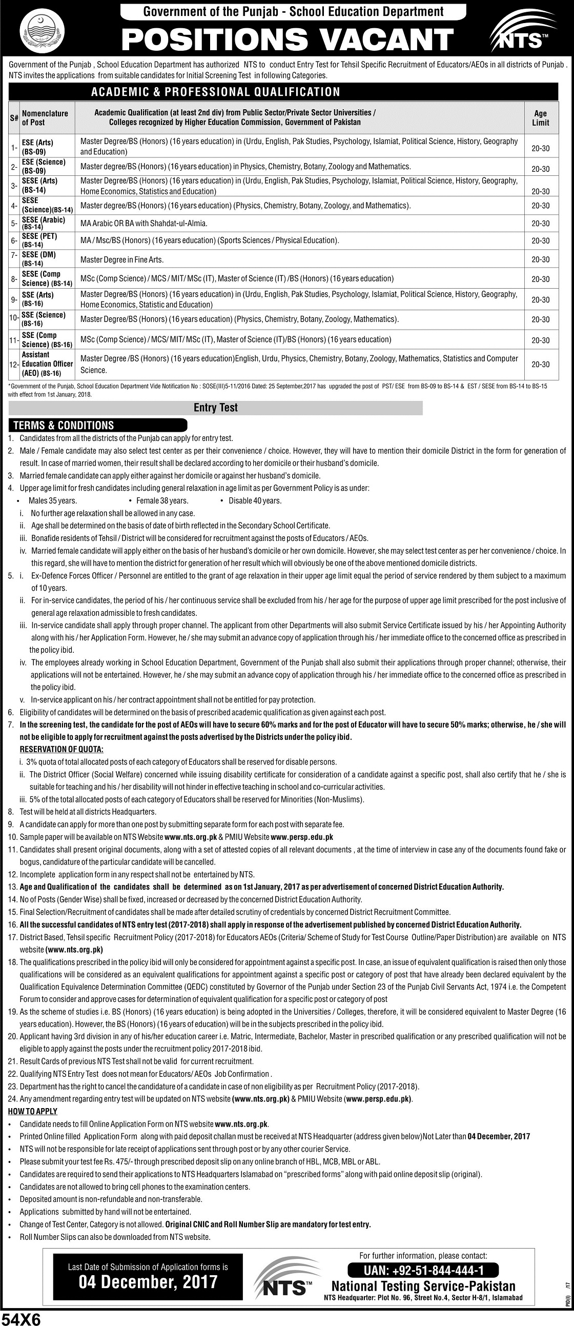 Punjab Educators Jobs 2023-2018 ESE, SESE, SSE, AEO NTS Application Form Online Download