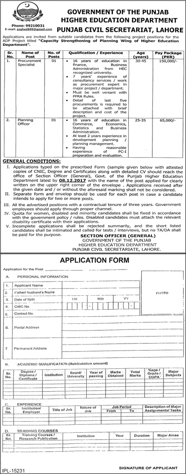 Punjab Higher Education Department Jobs 2023 Application Form Download Advertisement