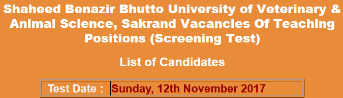 SBBUVAS Sakrand Jobs NTS Test Result 2023 12th November Professor Lecturer