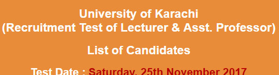 University of Karachi UOK Lecturer, Assistant Professor Jobs NTS Test Result 2024 25th November