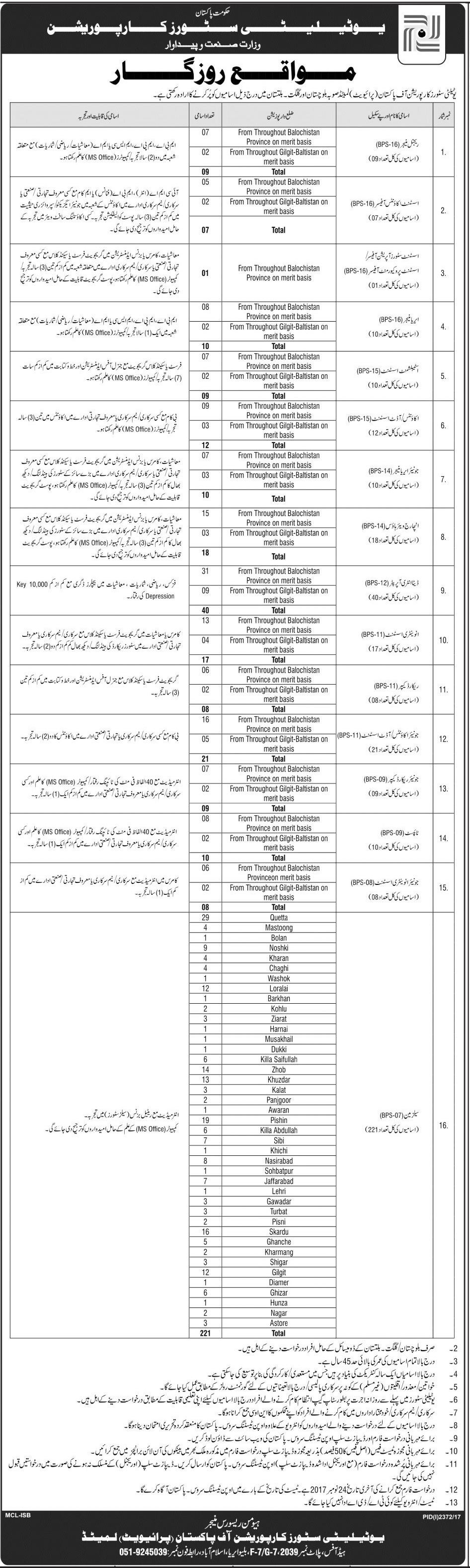 Utility Stores Corporation Pakistan Jobs 2023 November Advertisement Form