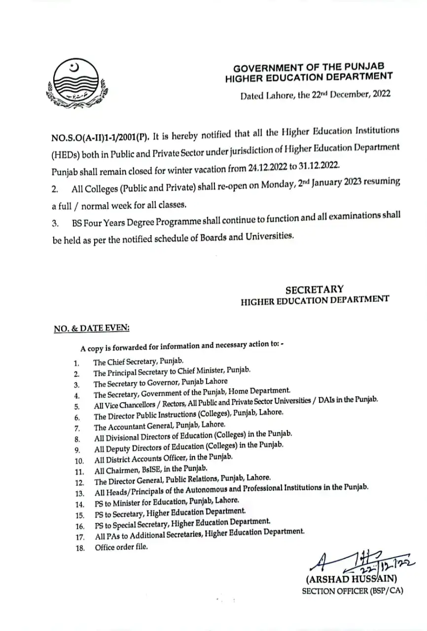 Punjab Government Winter Vacation Holiday Notification 2023