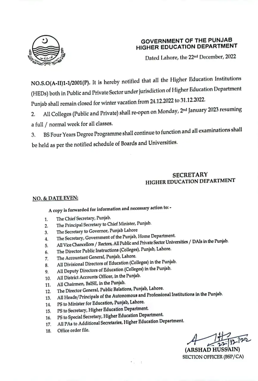 Punjab Government Winter Vacation Holiday Notification 2024