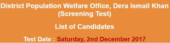 District Population Welfare DI Khan Family Welfare Assistant NTS Test Result 2023 2nd December