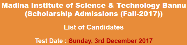 Madina Institute of Science Bannu MISAT Scholarship Admissions NTS Test Result 2023 3rd December
