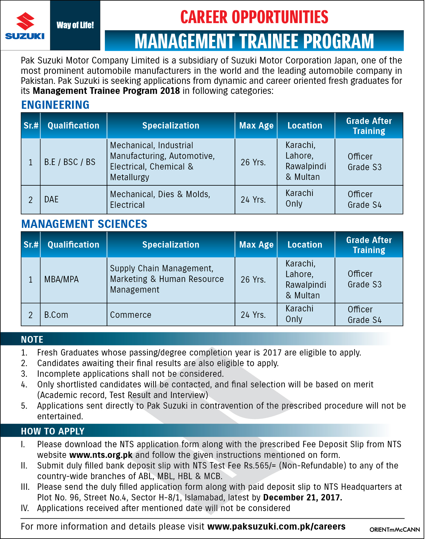 Pak Suzuki Motor Company NTS Jobs 2023-18 Management Trainee Programs Apply Last Date