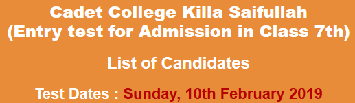 Cadet College Killa Saifullah NTS Admission Test Result 2023 10th February