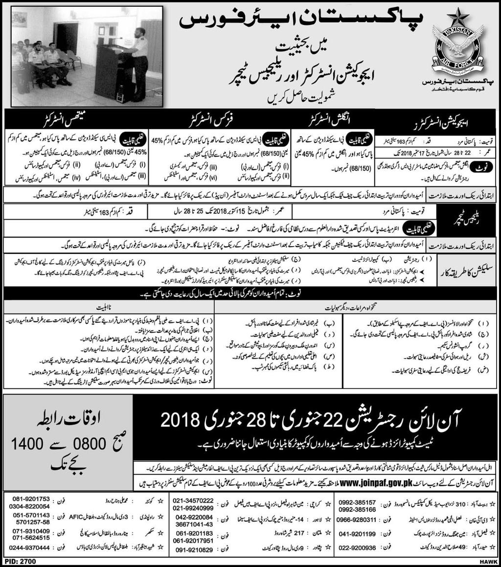 Pakistan Air force jobs 2024 PAF education Instructor, Religious teachers Online Registration, Interview Date Time