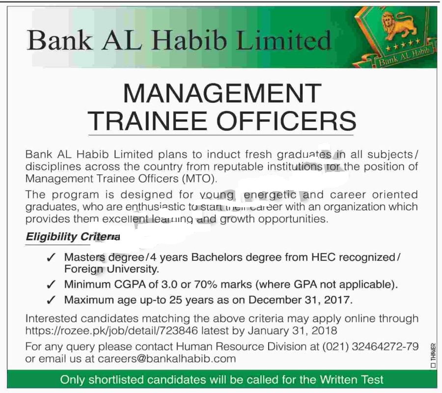 Bank Al Habib Management Trainee MTO jobs 2023 for Bachelor, Master Degree