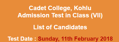 Cadet College Kohlu Admission NTS Entry Test Result 2024 11th February