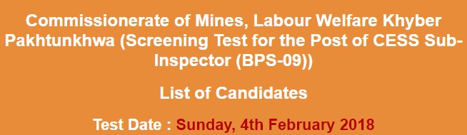 Commissionerate of Mines Labour Welfare KPK CESS Sub-Inspector NTS Test Result 2024 4th February