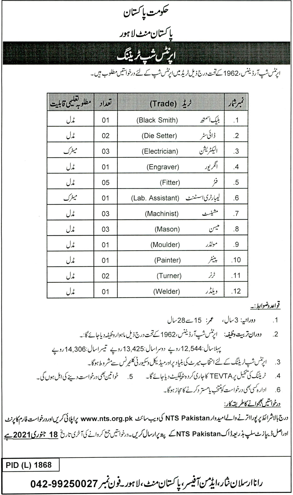 Pakistan Mint Lahore Jobs NTS Test Date 2023 Roll No Slip Download