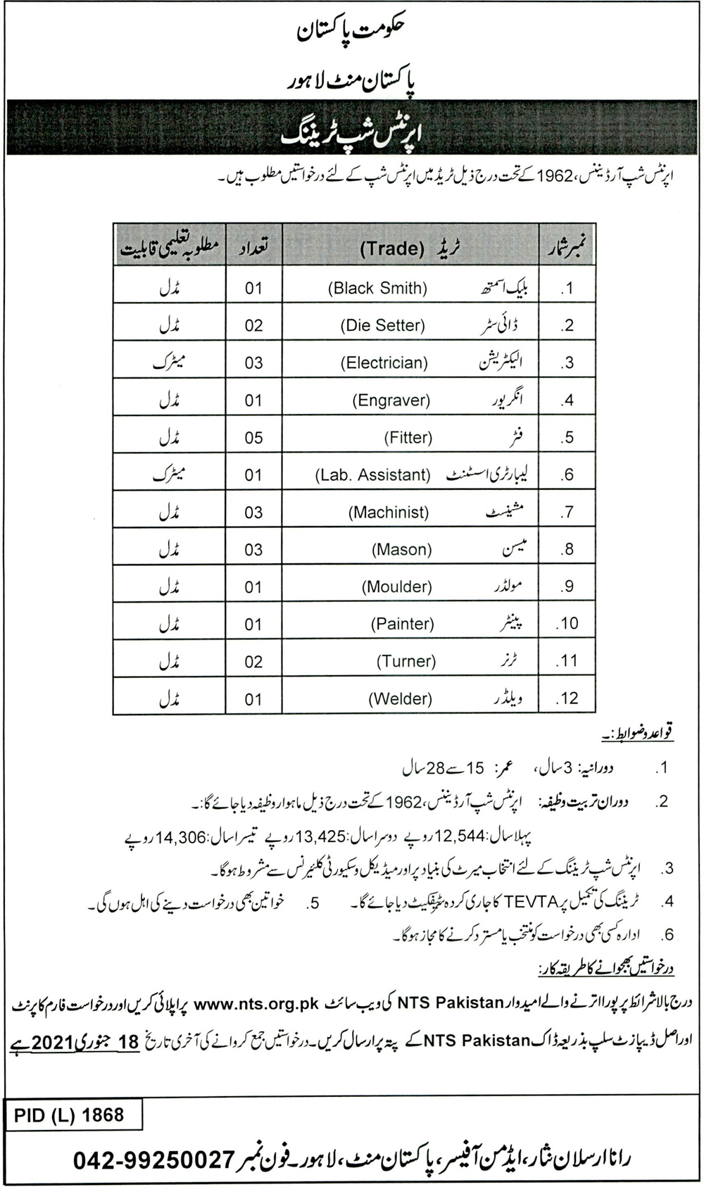 Pakistan Mint Lahore Jobs NTS Test Date 2024 Roll No Slip Download