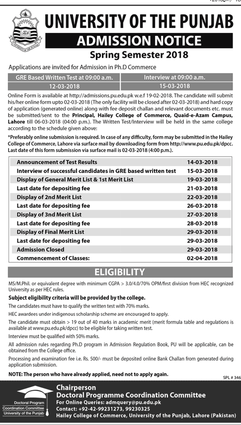 Punjab University GRE Written Test Result 2023 PhD Commerce Merit List 1st, 2nd, 3rd