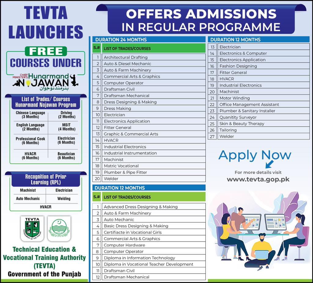 TEVTA Courses List 2023 Technical And Non Technical Admission Form www.tevta.gop.pk