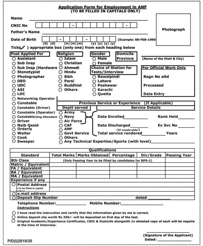 Anti Narcotics Jobs Application Form