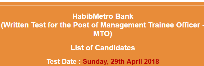 Habib Metro Bank Management Trainee Officer MTO NTS Test Result 2024 29th April