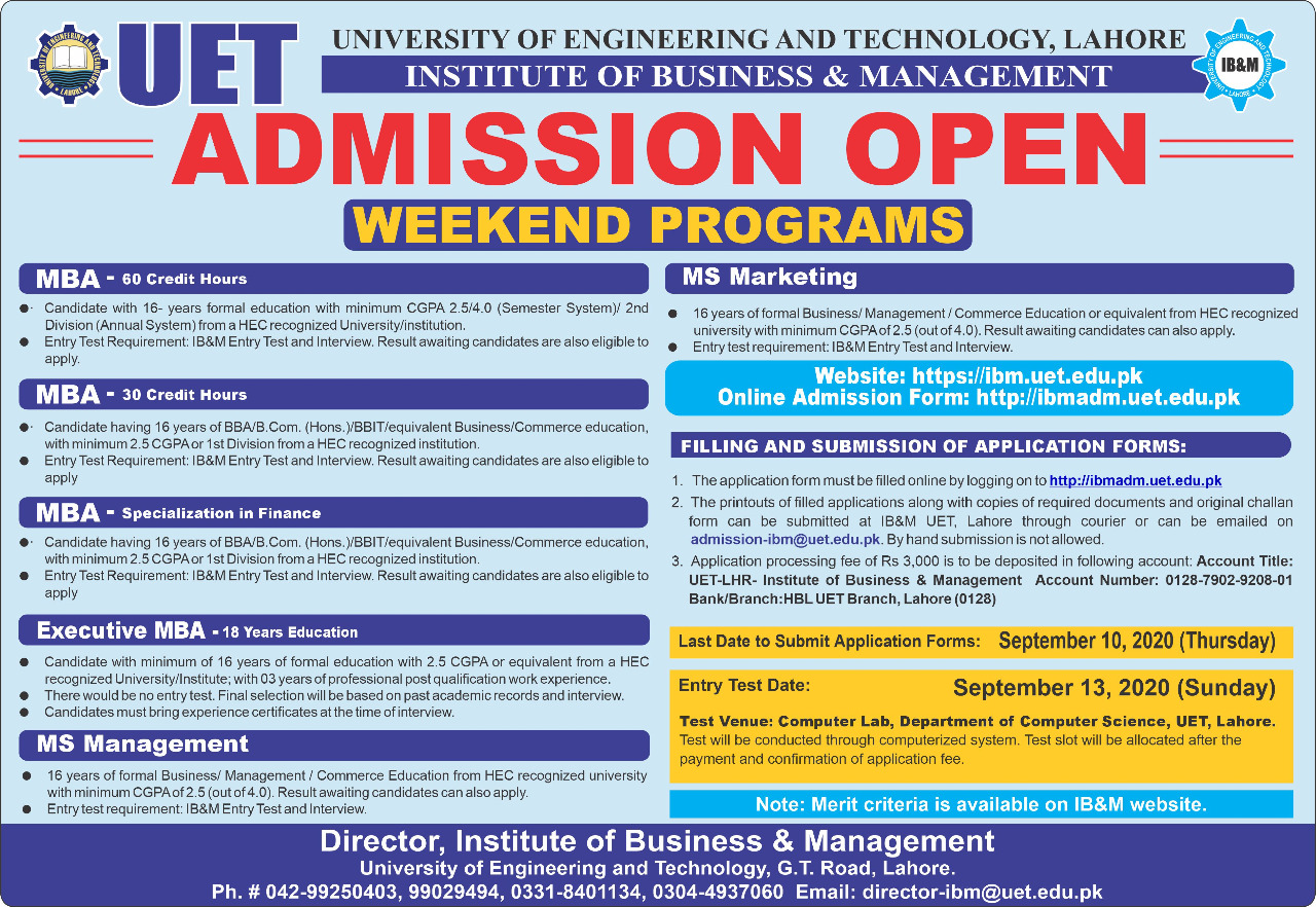 UET Admission 2023 For BBA, BSC, MBA Application Form Eligibility Last Date