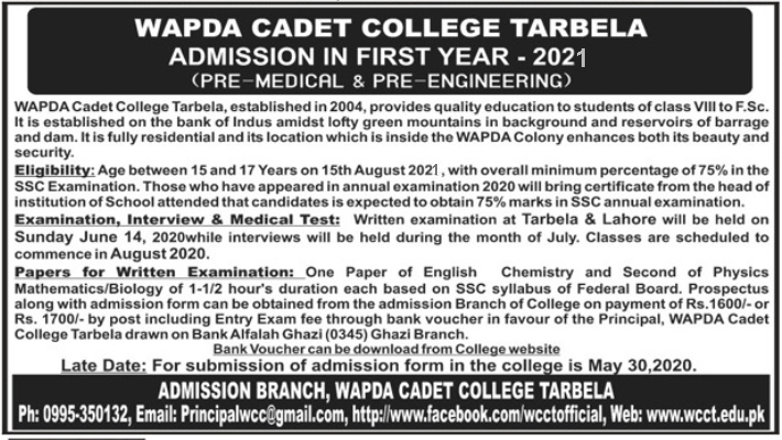 WAPDA Cadet College Tarbela Admission Form 2023 1st Year Pre Medical Pre Engineering