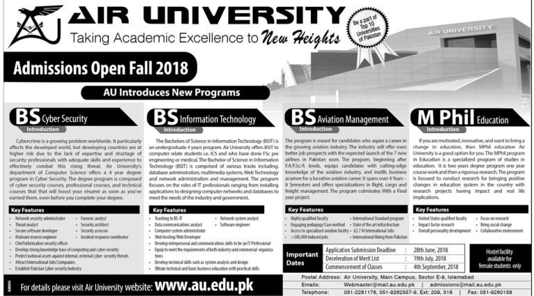 Air University Admission 2024 Last Date BS, M.Phill Application Form www.au.edu.pk