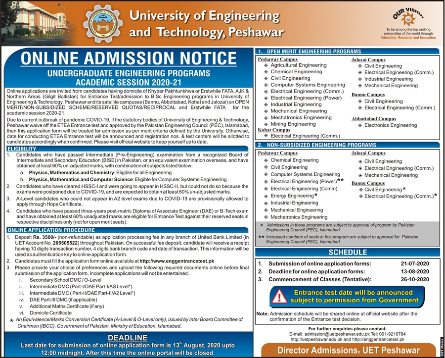 UET Peshawar Entry Test Date Schedule, Online Registration Form