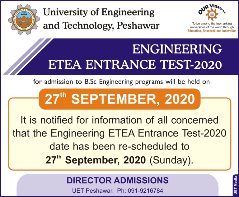 UET Peshawar Entry Test Date Schedule