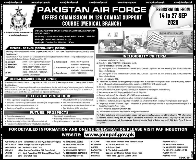 126 Combat Support Course PAF 2024 Pakistan Air Force Offers Commission Registration Online