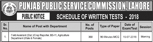 PPSC Agriculture Field Assistant Written Test Result 2024 Online