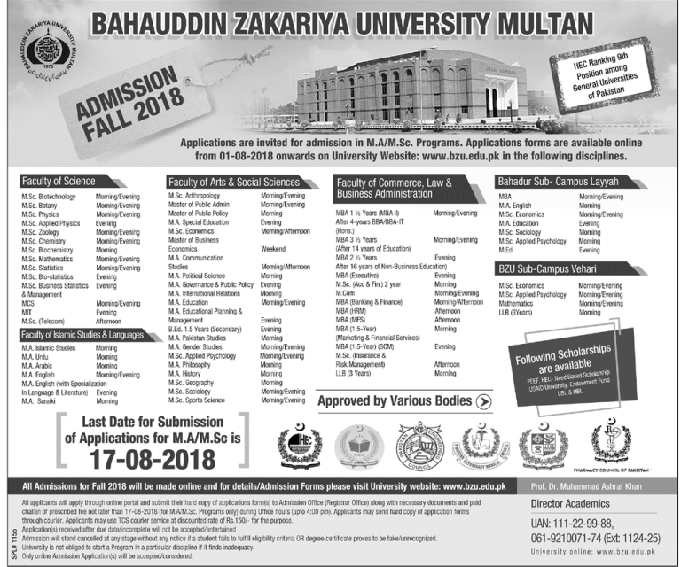 BZU MA, MSC Admission 2024 Registration Last Date www.bzu.edu.pk