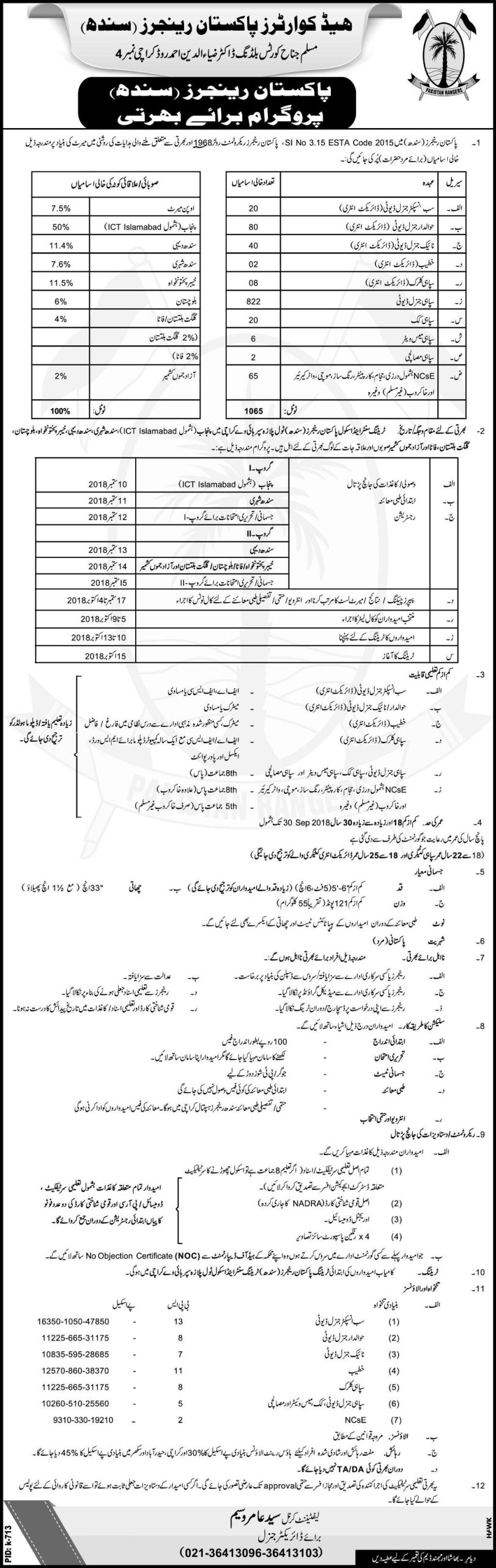 Pakistan Ranger Sindh Sub Inspector Jobs 2024 Karachi Advertisement Application Form