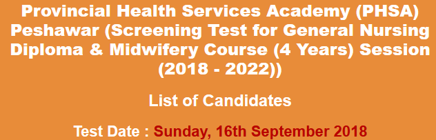 Provincial Health Services Academy KPK Nursing Admission NTS Test Result 2023 16th September
