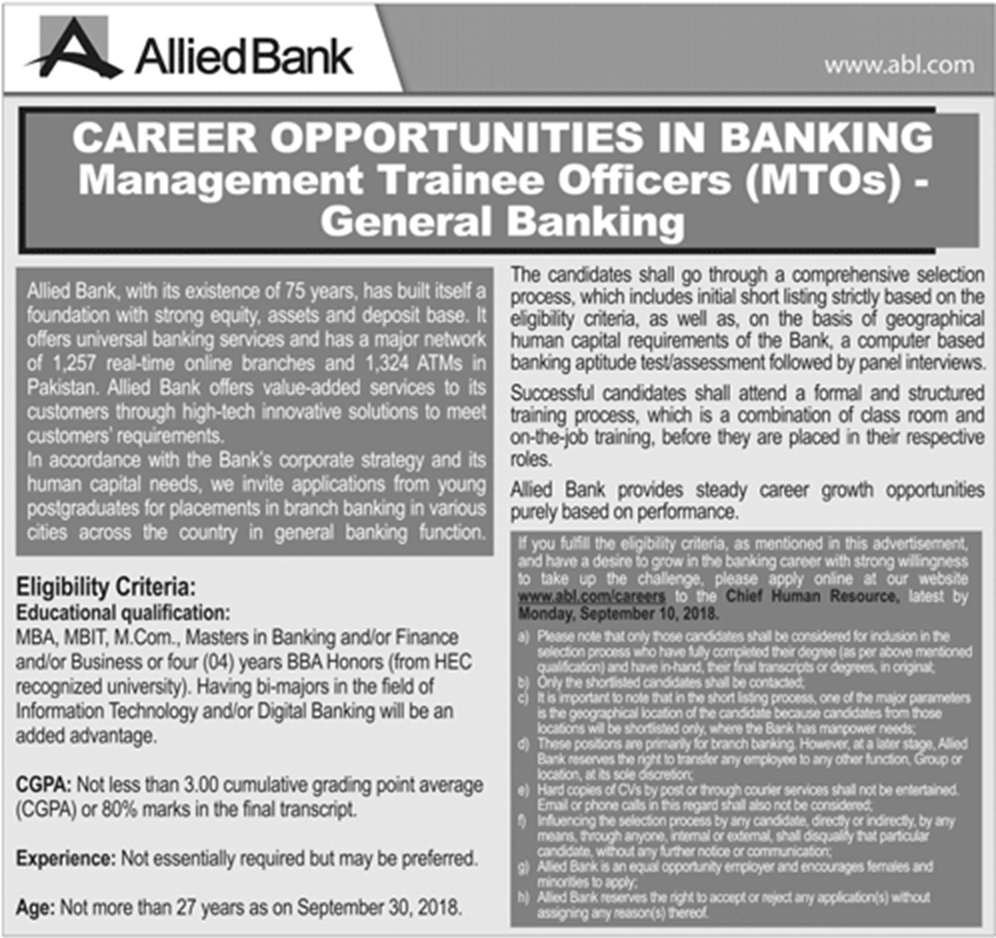 Allied Bank MTO Jobs 2023 Management Trainee Officer September Advertisement