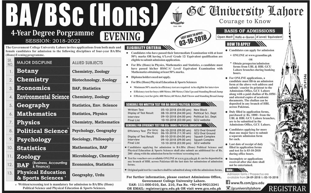 GC University Lahore BSC BA Hons Admission 2023 Application Form Merit List Fee