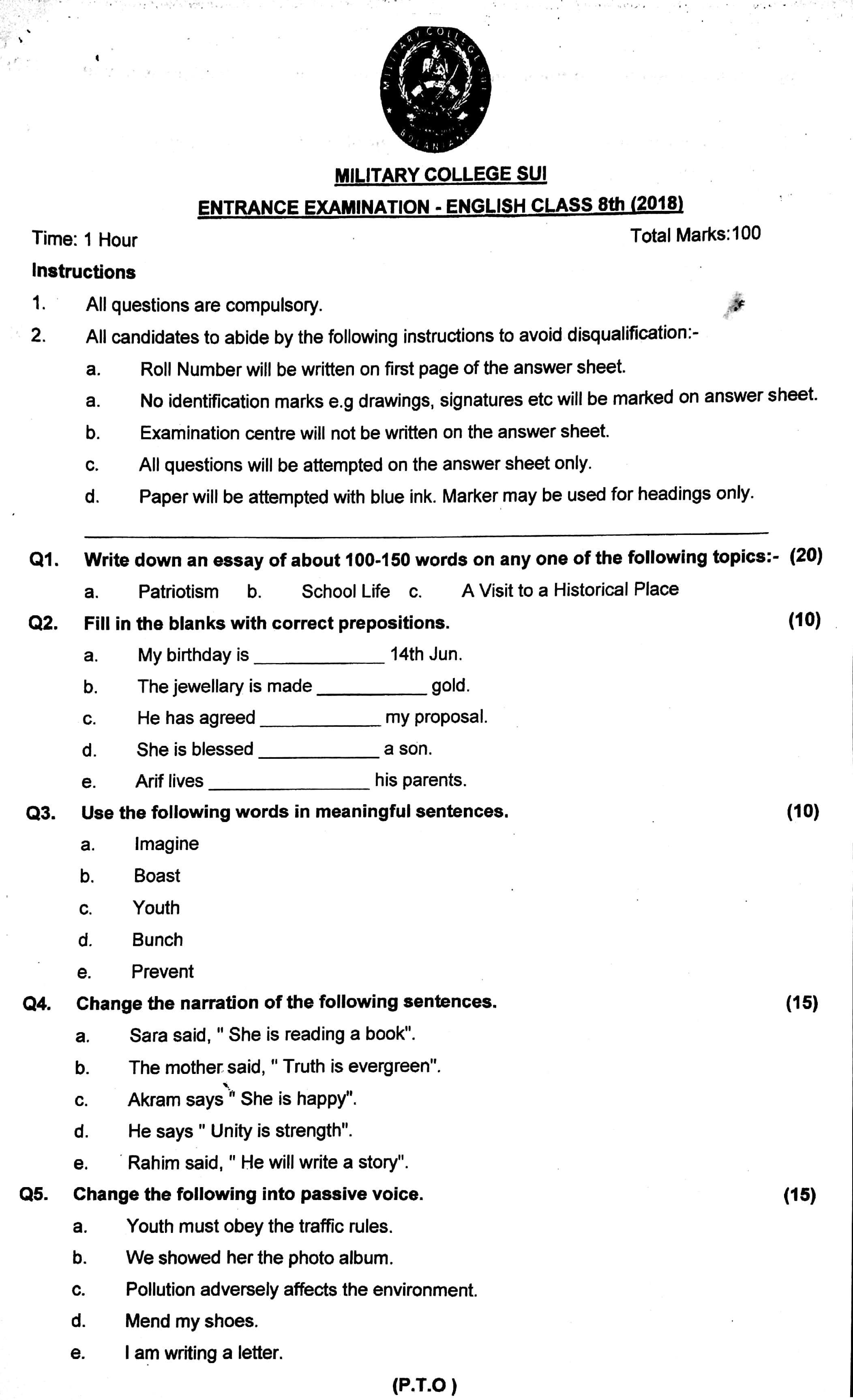 Military College Sui Entry Test English format