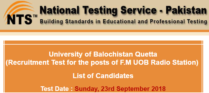University of Balochistan UOB FM Radio Station Jobs NTS Test Result 2025 23rd September