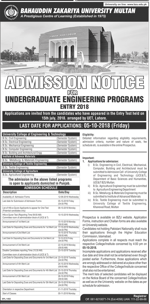 BZU Multan Admission 2024 Undergraduate Last Date Application Form Submission