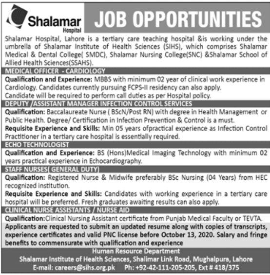 Shalamar Hospital Lahore Jobs 2023 Advertisement Last Date