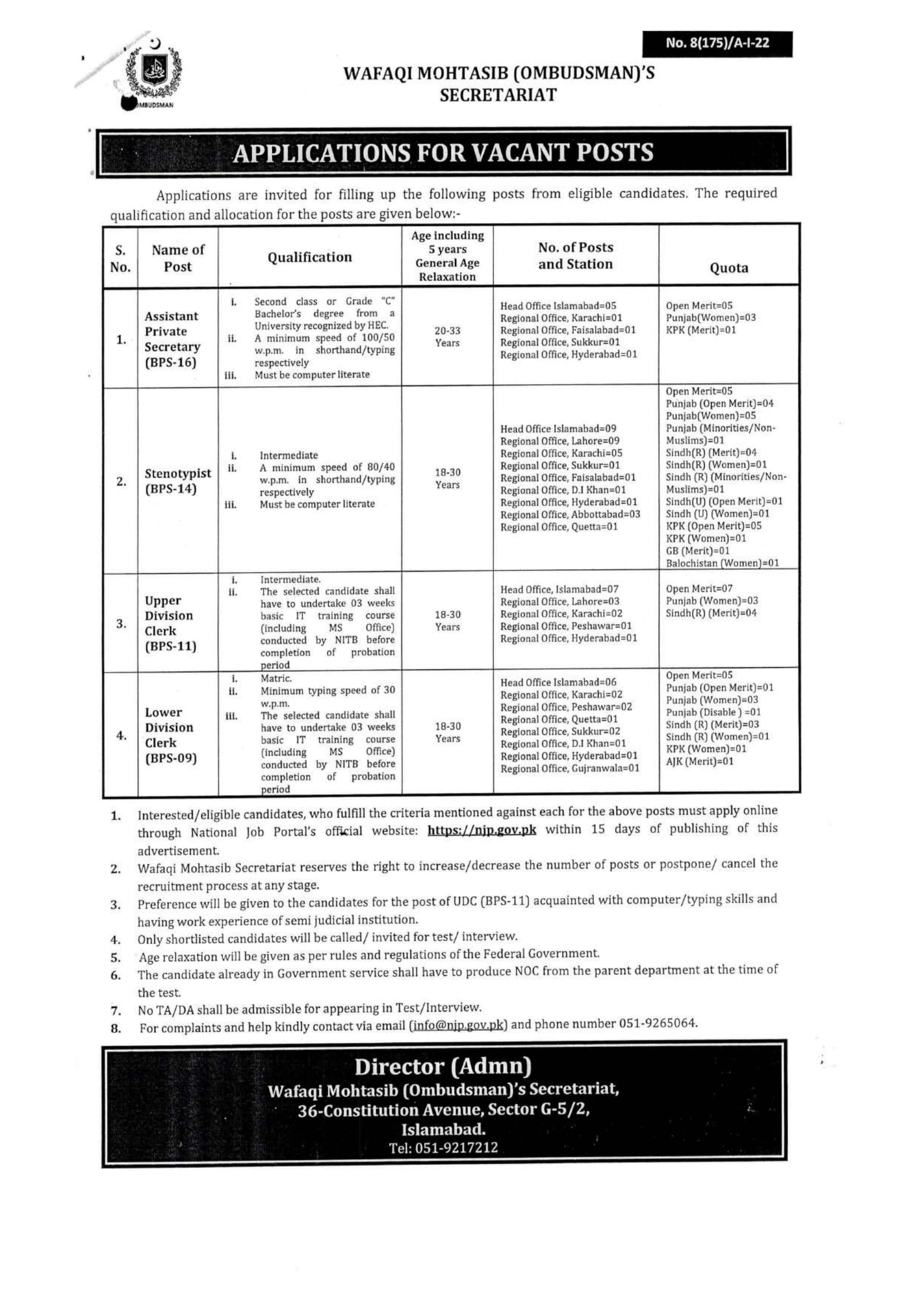 Wafaqi Mohtasib Secretariat Jobs 2023 Online Apply