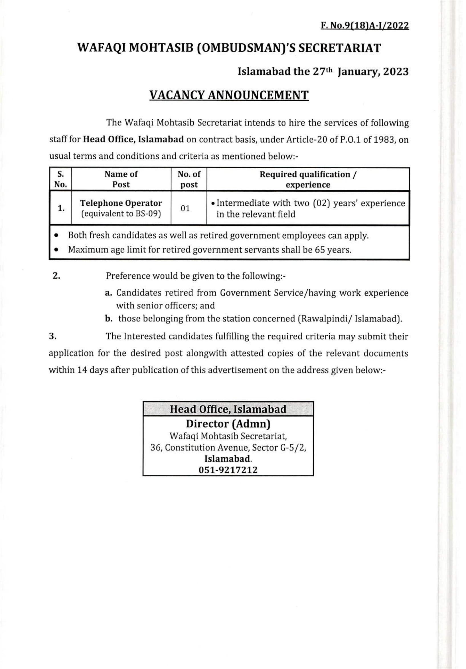 Wafaqi Mohtasib Secretariat Jobs 2023 Online Apply