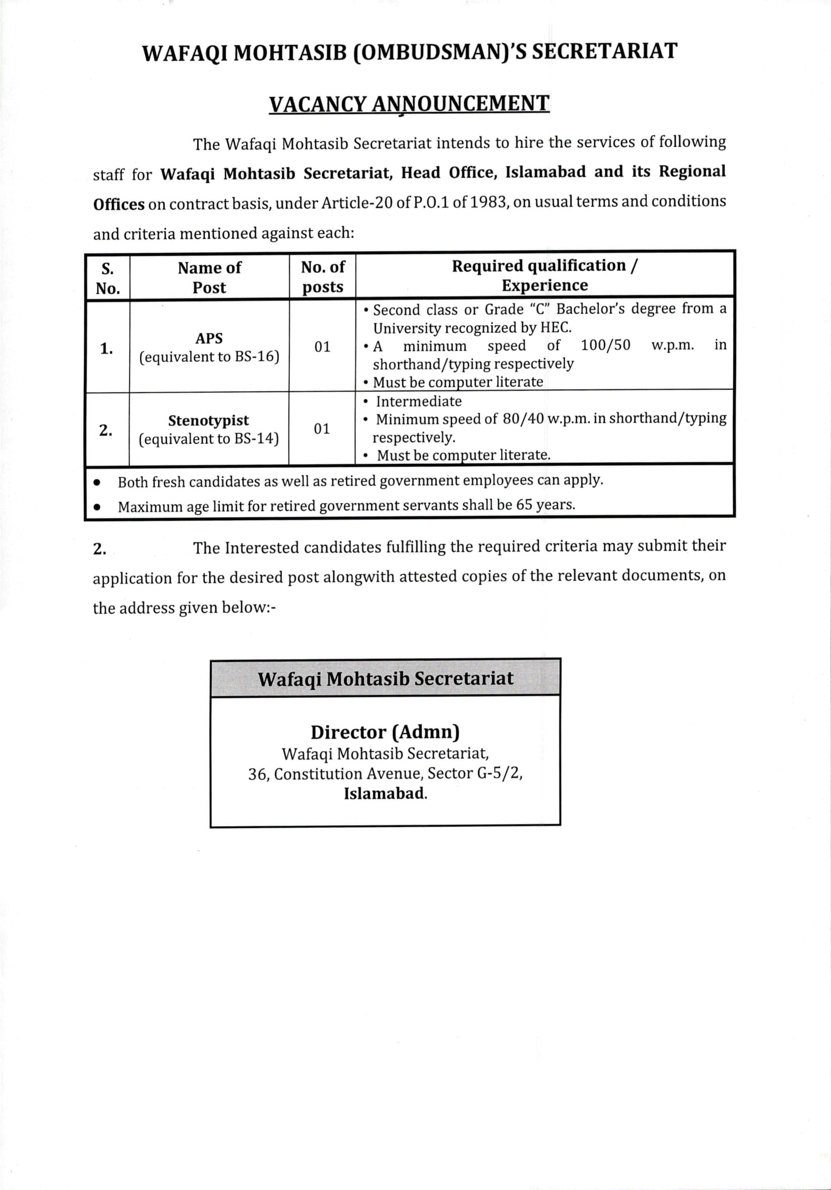 Wafaqi Mohtasib Secretariat Jobs 2024 Online Apply