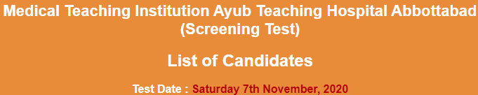 Ayub Teaching Hospital Abbottabad Charge Nurse NTS Test Result 2024 7th November