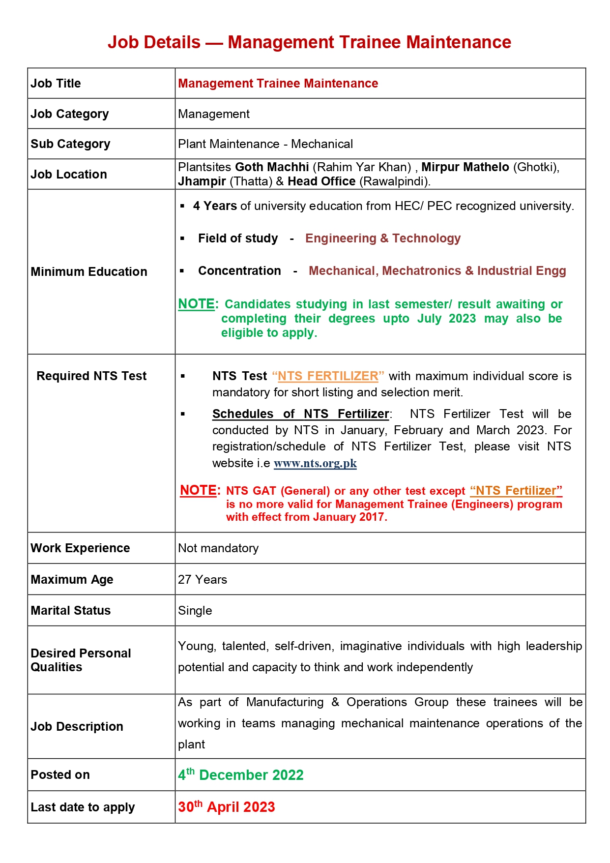 Management Trainee Maintenance Job Advertisement: