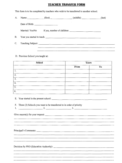 Online Teacher Transfer Form PDF, Application Sample 2023