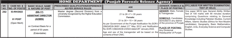 Punjab Forensic Science Agency Jobs 2024 Online Apply