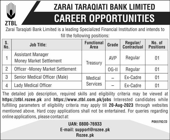 www.ztbl.com.pk Zarai Taraqiati Bank Jobs 2024