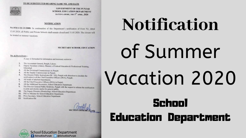 Government And Private School Summer Holidays 2024 Punjab GOVT Notification