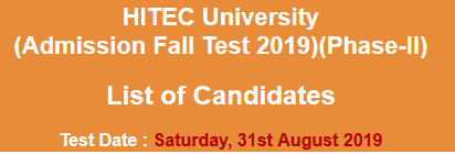 HITEC University NTS Admission Test Result 2024 31st August