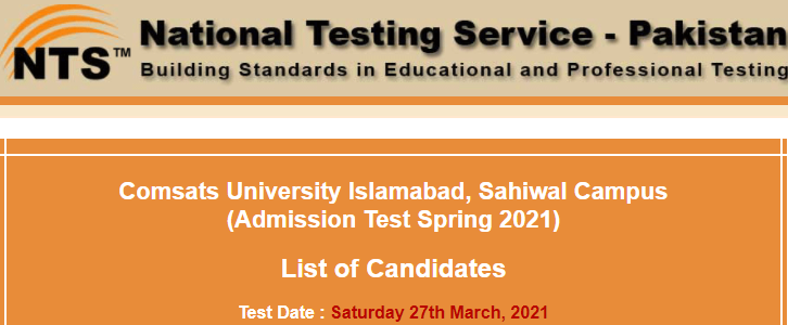 COMSATS Sahiwal NTS Admission Test Result 2023 27 March